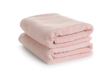 Photo of Stack of clean soft towels on white background