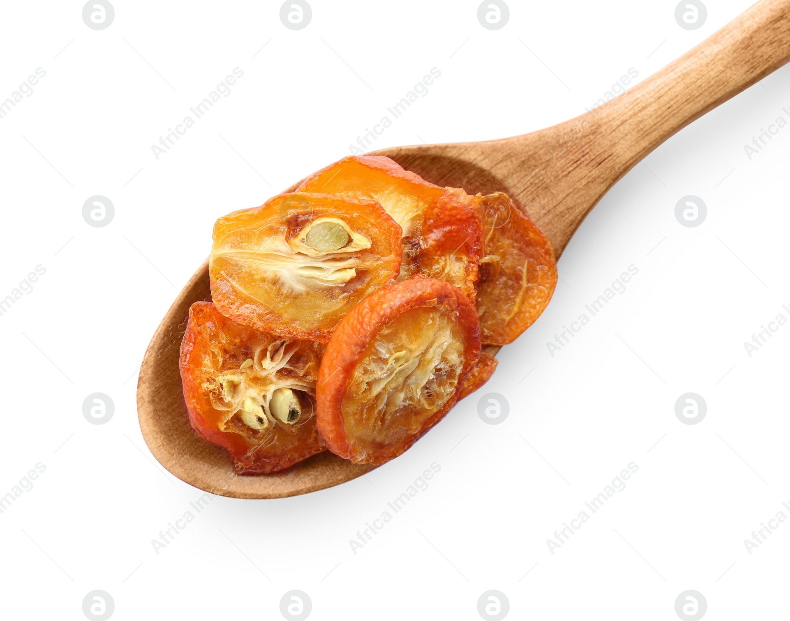 Photo of Wooden spoon with cut dried kumquat fruits isolated on white, top view