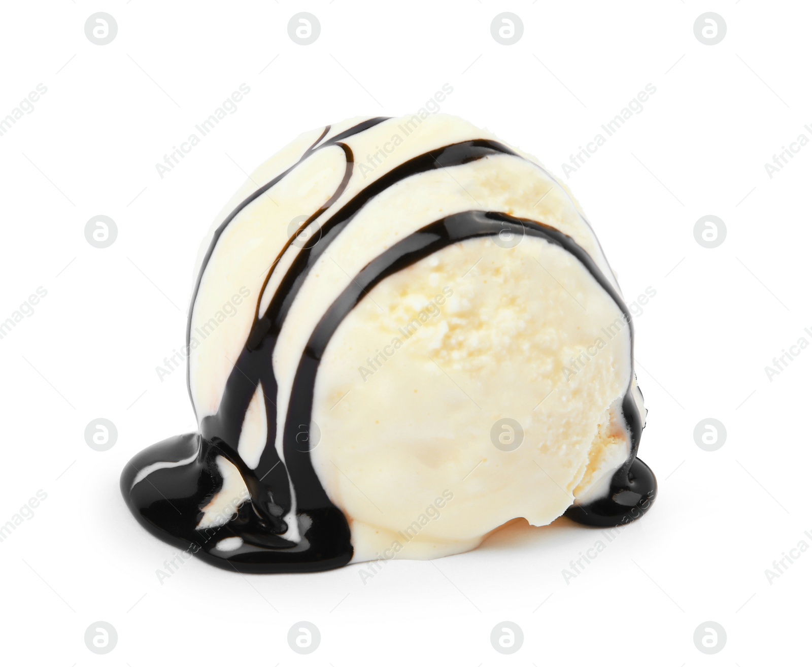 Photo of Delicious vanilla ice cream with topping on white background