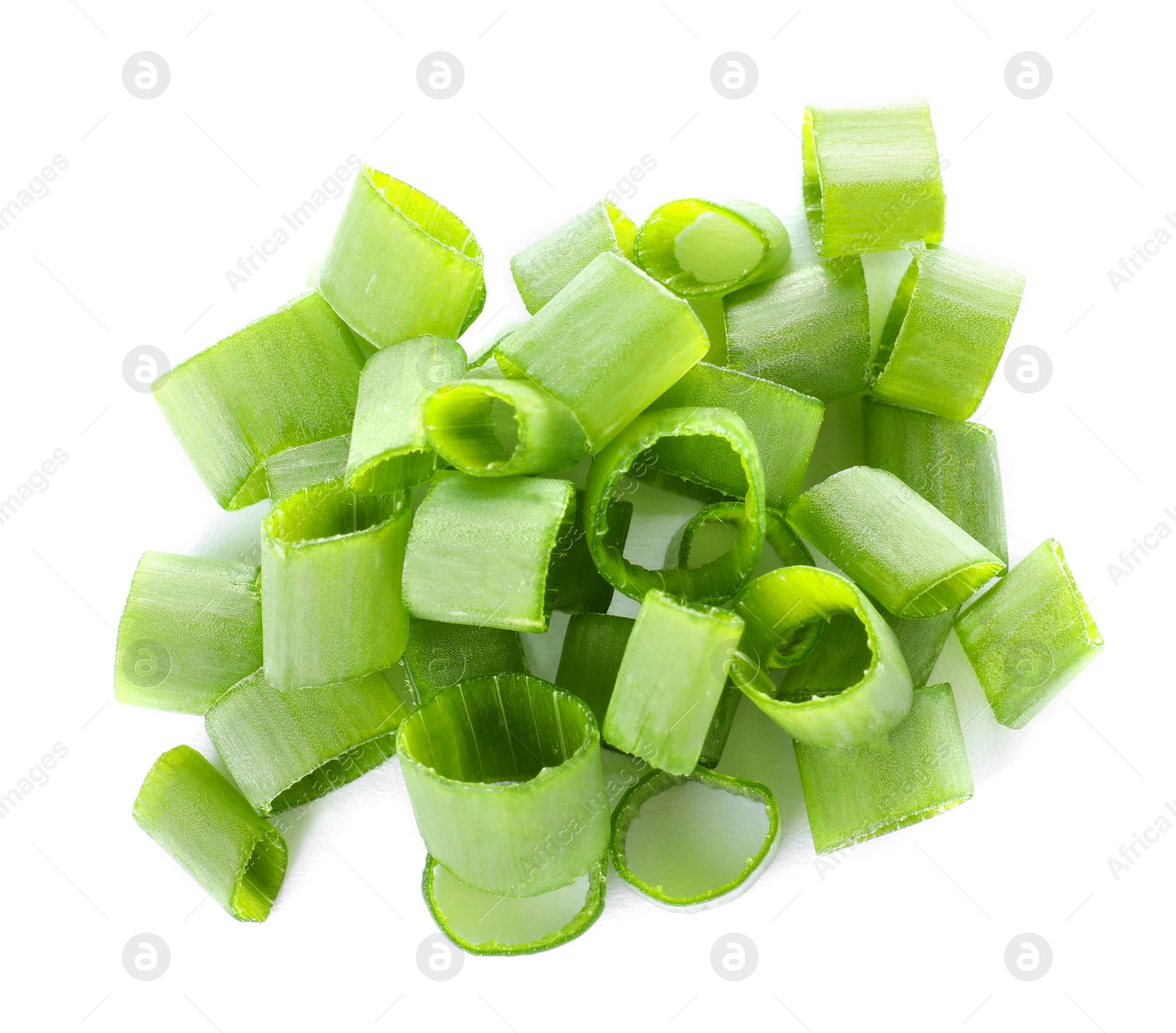 Photo of Cut fresh green onion on white background, top view