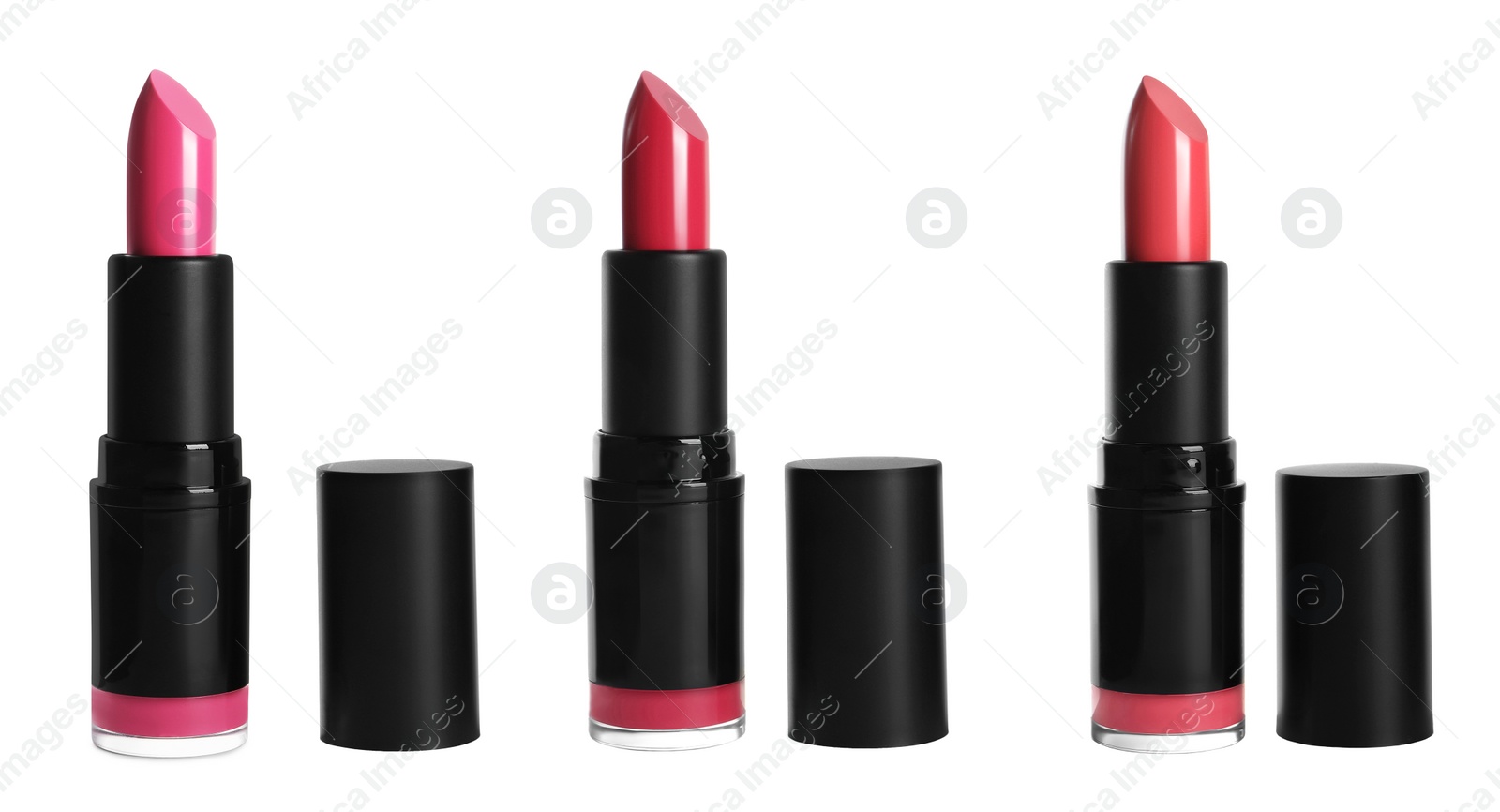 Image of Set with different beautiful lipsticks on white background