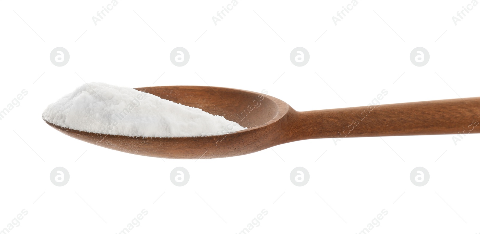 Photo of Spoon with baking soda on white background