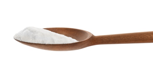 Photo of Spoon with baking soda on white background