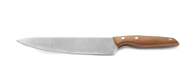 Photo of Stainless steel chef's knife with wooden handle isolated on white