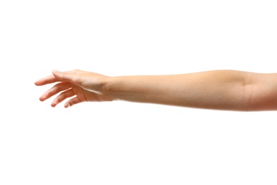 Photo of Young woman reaching hand for shake on white background, closeup