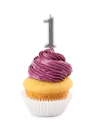 Photo of Birthday cupcake with number one candle on white background