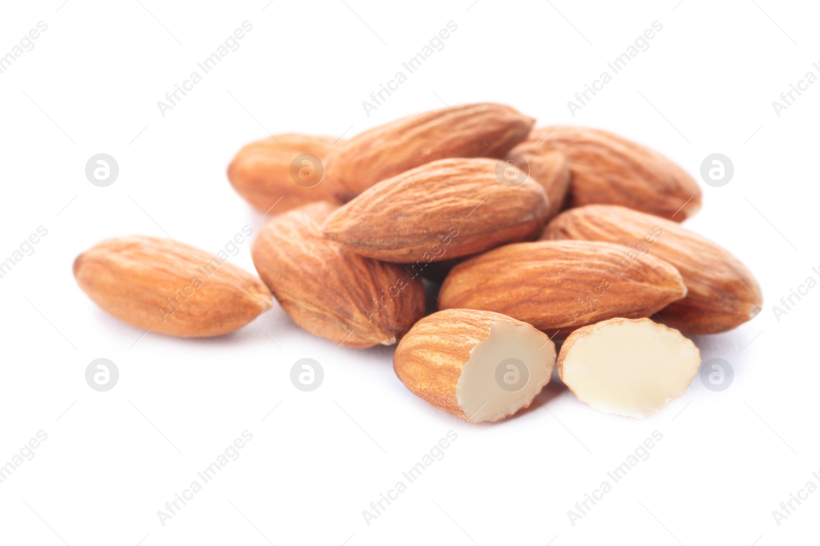 Photo of Organic almond nuts on white background. Healthy snack