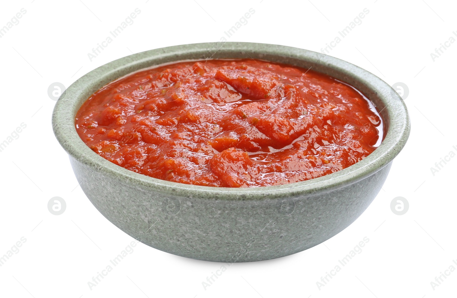 Photo of Homemade tomato sauce in bowl isolated on white