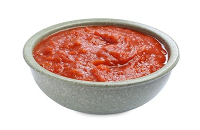 Photo of Homemade tomato sauce in bowl isolated on white