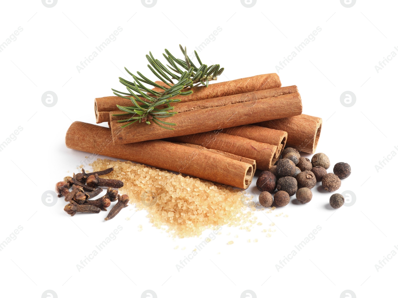 Photo of Different spices and fir branch on white background