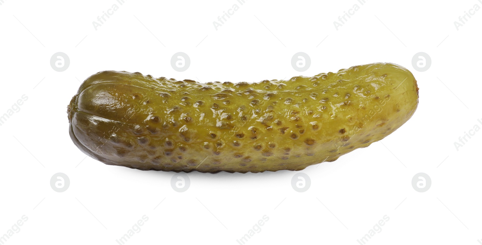 Photo of One tasty pickled cucumber isolated on white