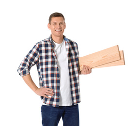 Handsome carpenter with wooden planks isolated on white