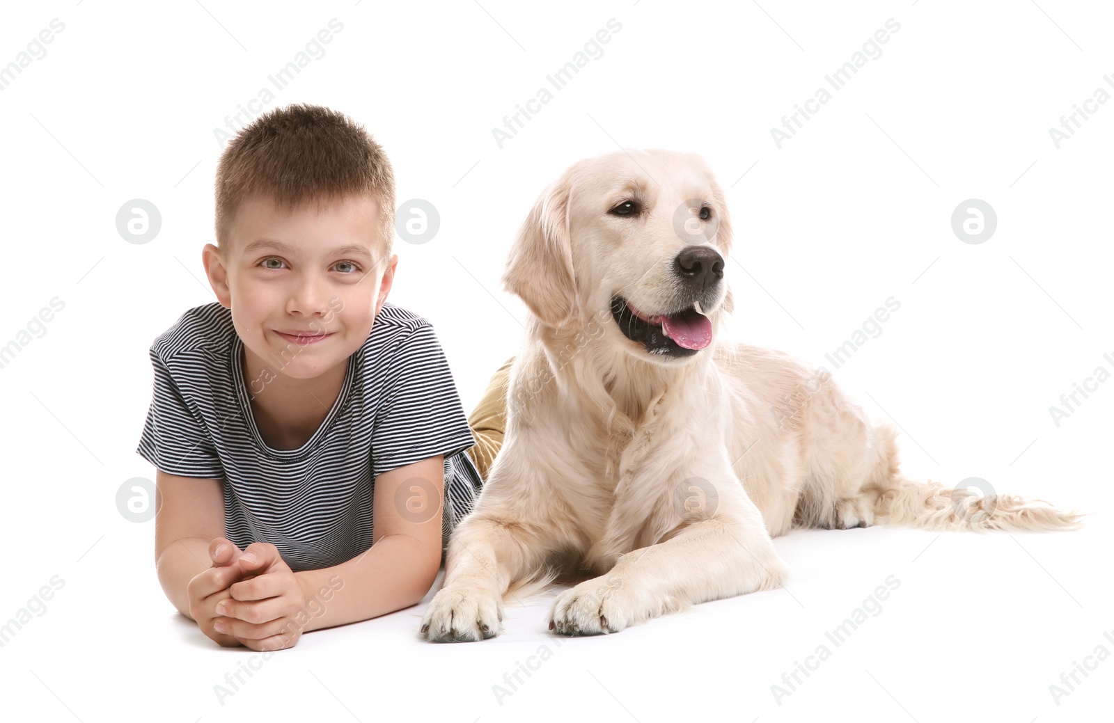 Photo of Cute little child with his pet on white background