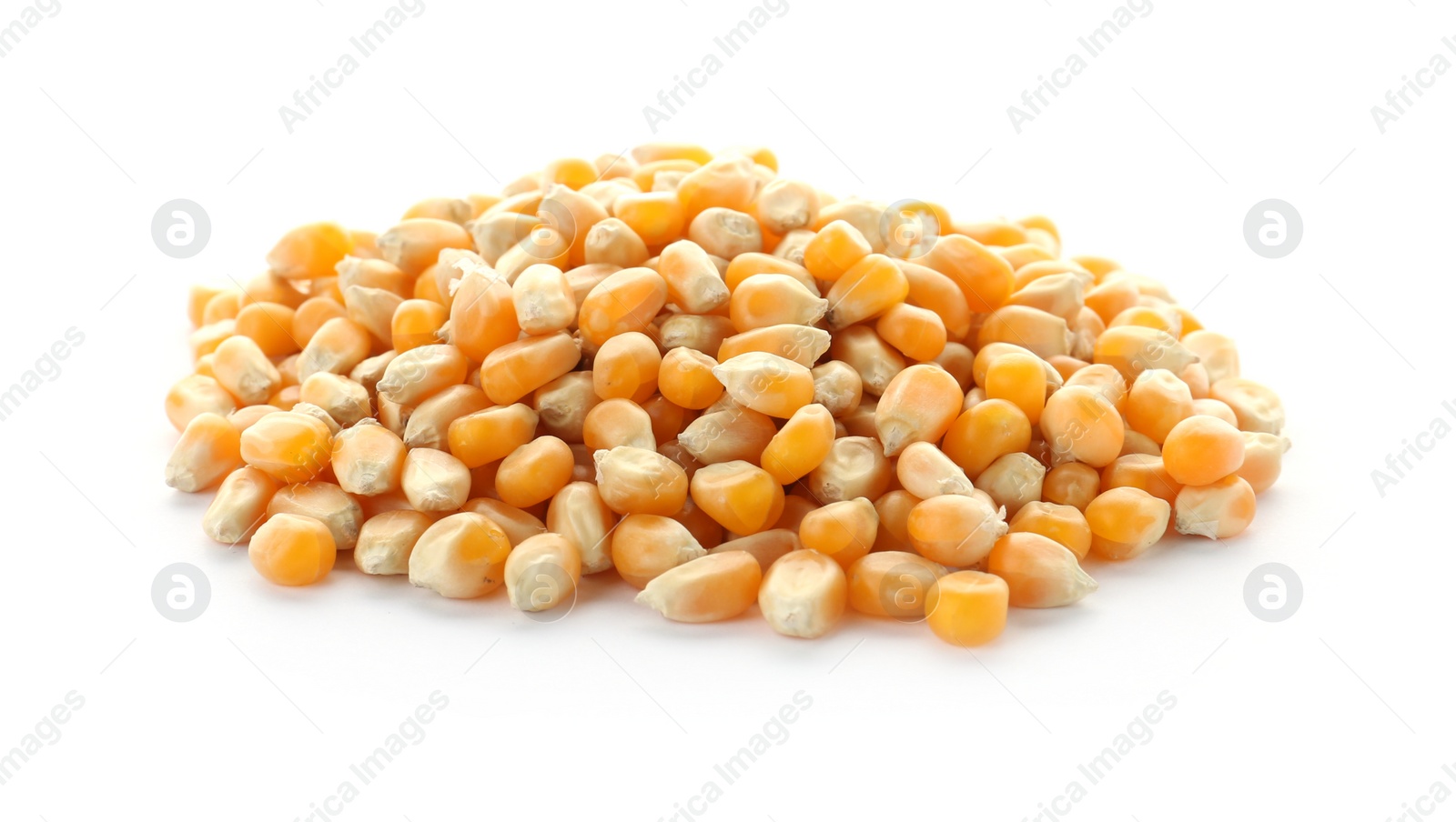 Photo of Raw corn kernels on white background. Healthy grains and cereals