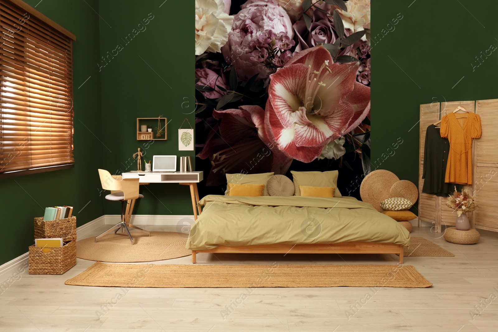 Image of Stylish room interior with furniture and beautiful floral wallpapers