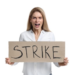 Angry woman holding cardboard banner with word Strike on white background