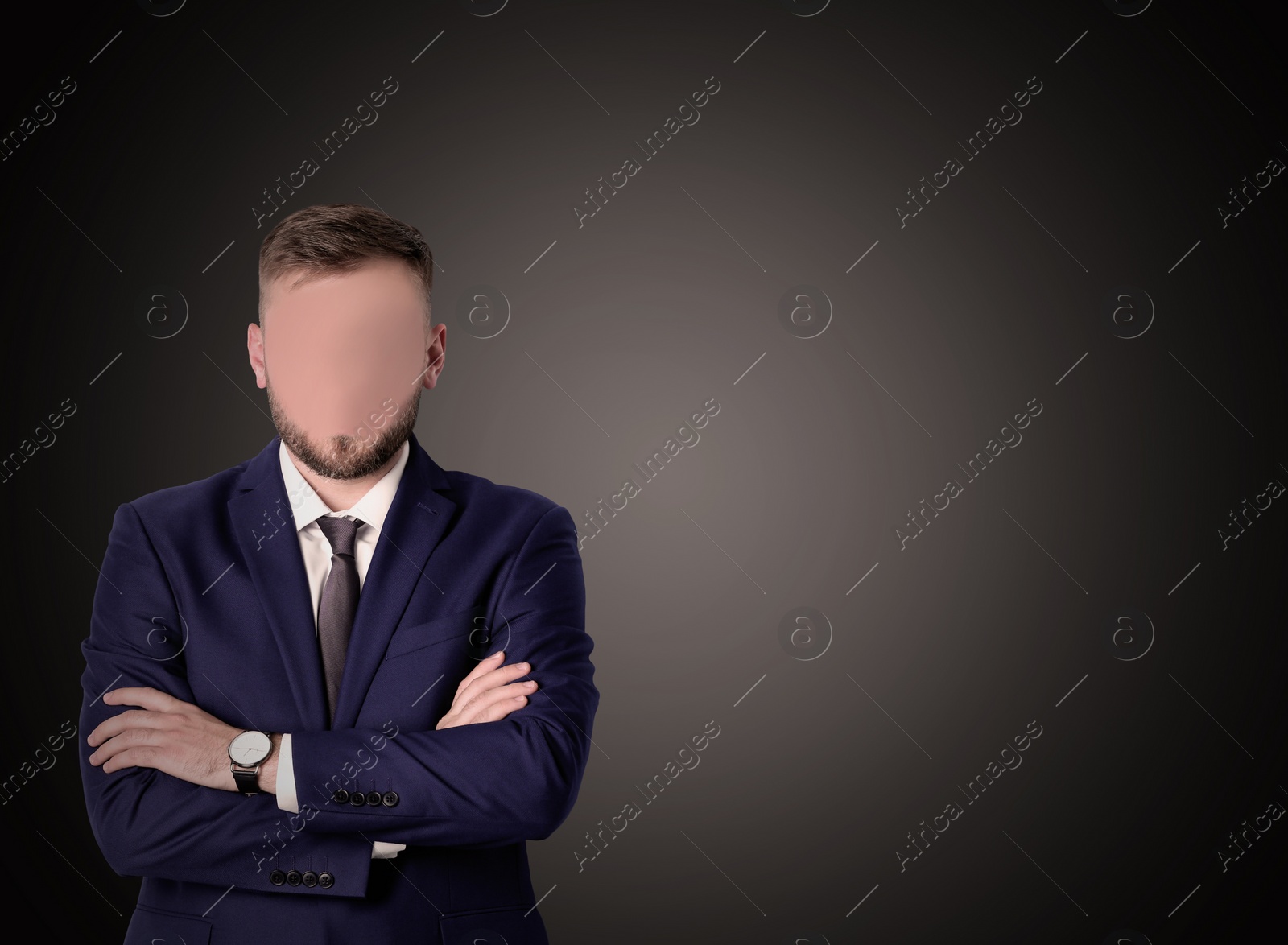 Image of Anonymous. Faceless man in suit on dark background, space for text