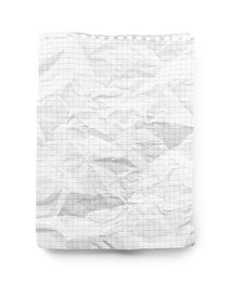 Photo of Crumpled checkered notebook sheet isolated on white, top view