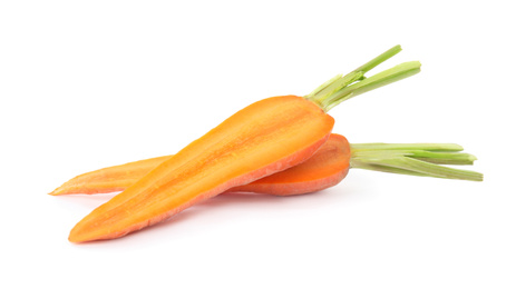 Halves of fresh ripe carrot isolated on white