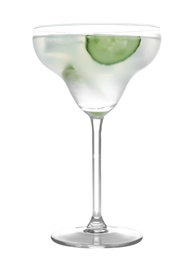 Photo of Glass of tasty martini with cucumber and lime on white background