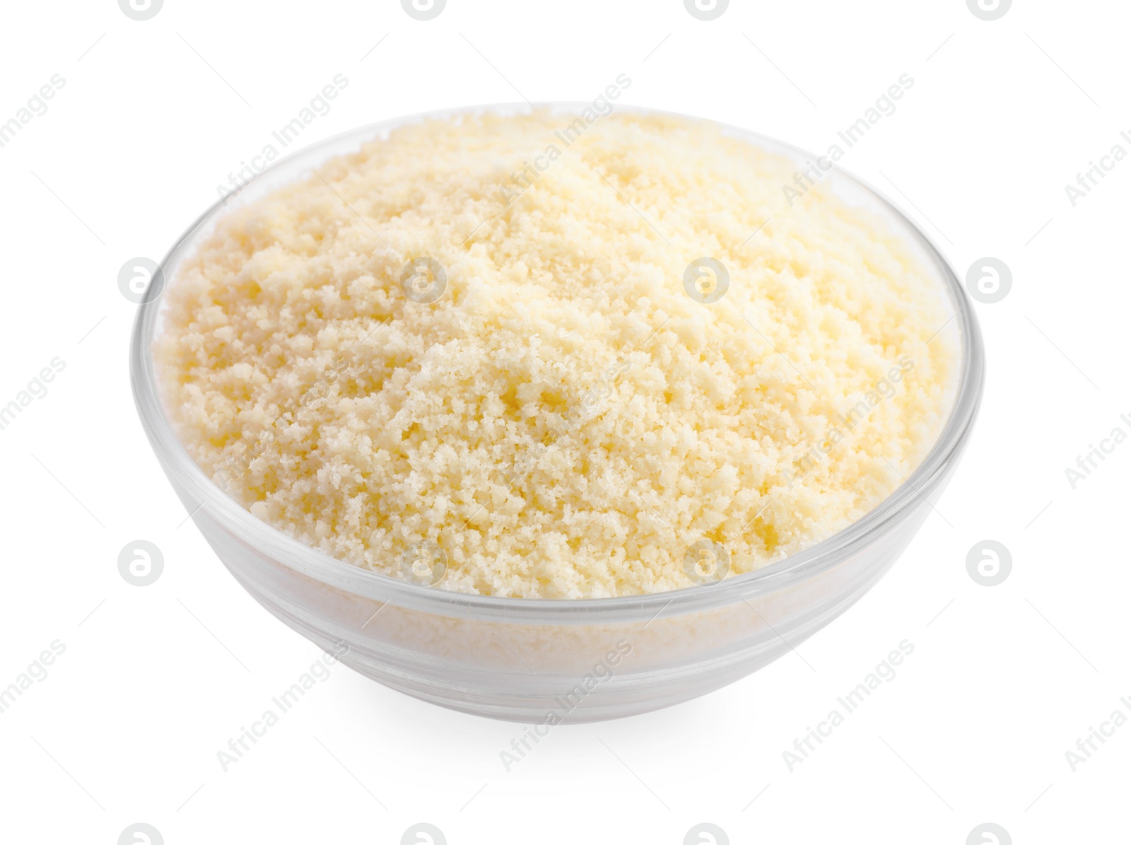 Photo of Glass bowl with grated parmesan cheese isolated on white