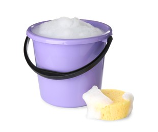 Bucket with foam and sponge isolated on white