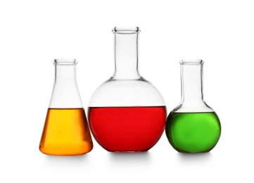 Chemistry glassware with color samples isolated on white