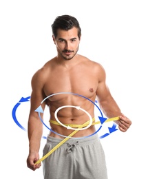 Image of Metabolism concept. Handsome man with perfect body on white background