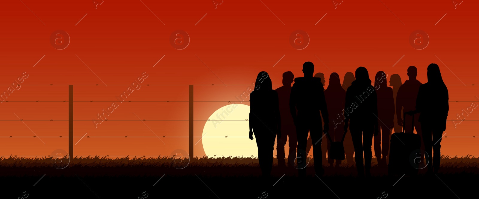 Image of Immigration. Silhouettes of people near perimeter fence with barbed wire at sunset, illustration