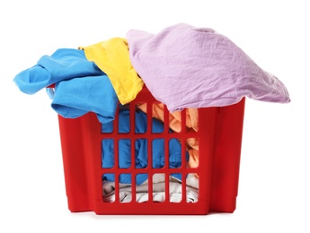 Photo of Laundry basket with dirty clothes isolated on white