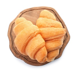 Photo of Wooden board with tasty croissants on white background, top view