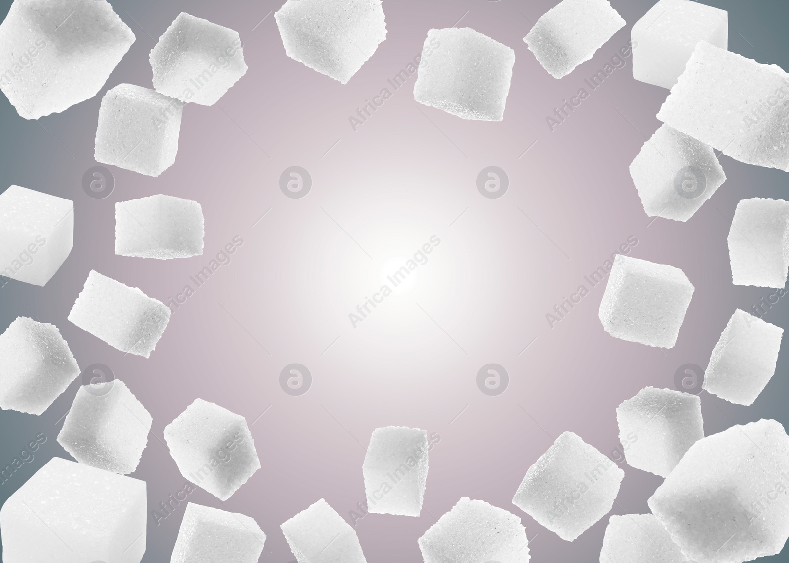 Image of Refined sugar cubes in air on grey gradient background. Space for text
