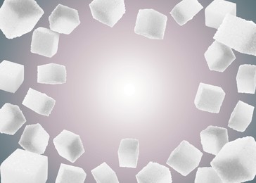 Refined sugar cubes in air on grey gradient background. Space for text