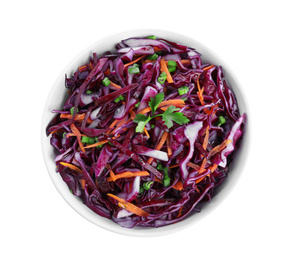 Fresh red cabbage salad in bowl isolated on white, top view