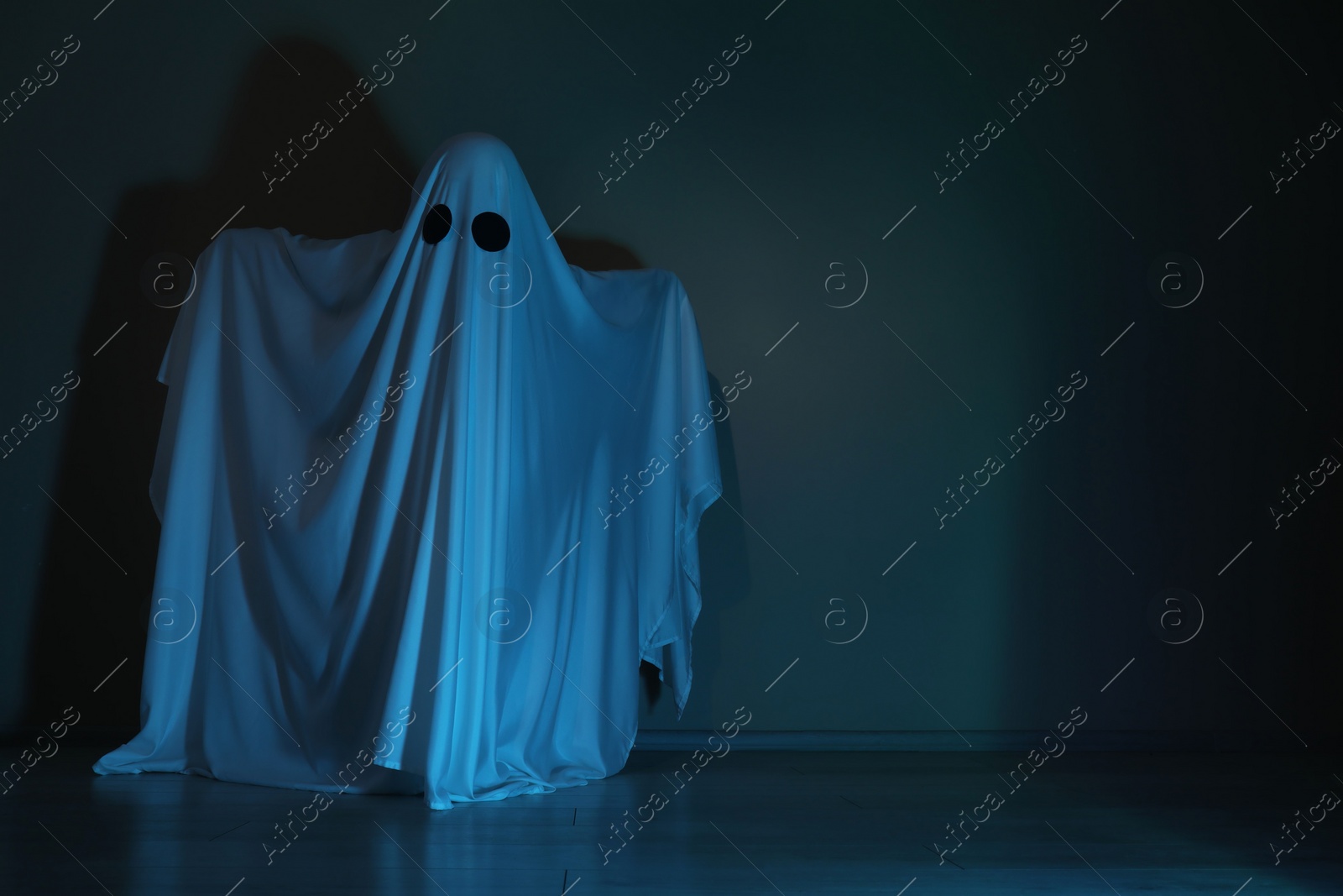 Photo of Creepy ghost. Woman covered with sheet in color light, space for text