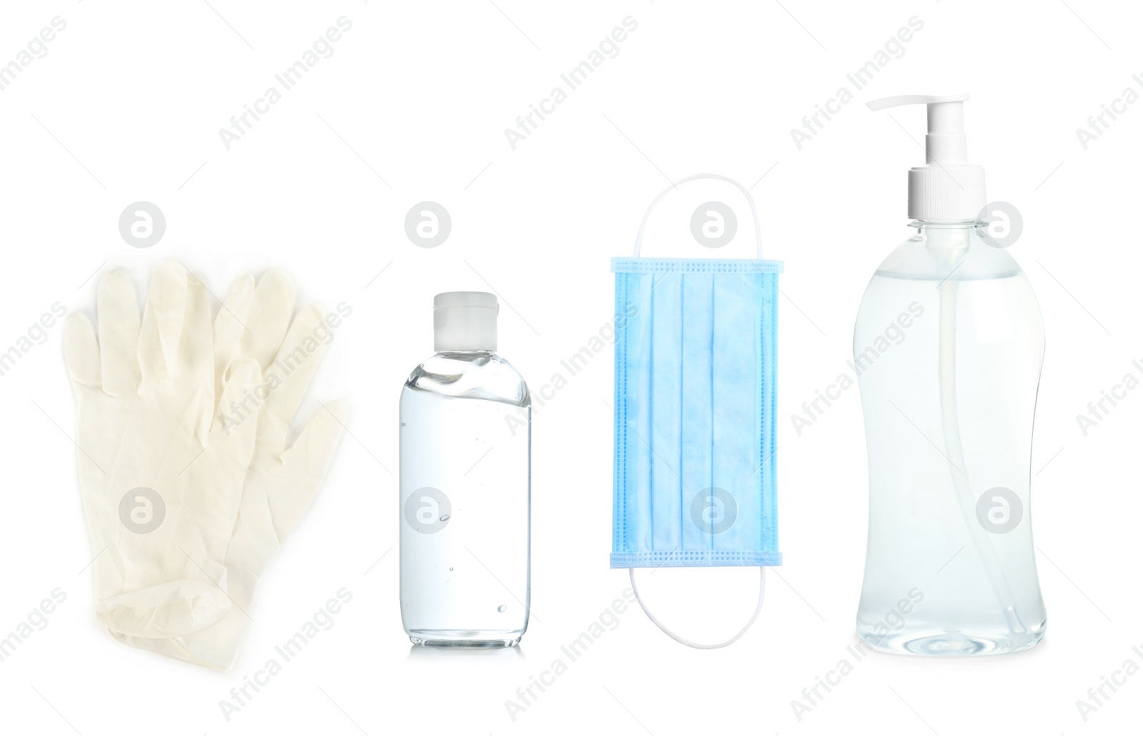 Medical gloves, antiseptic gel and protective mask on white background Image of Medical gloves, antiseptic gel and protective mask on white background
