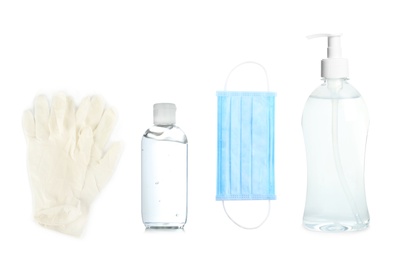 Image of Medical gloves, antiseptic gel and protective mask on white background