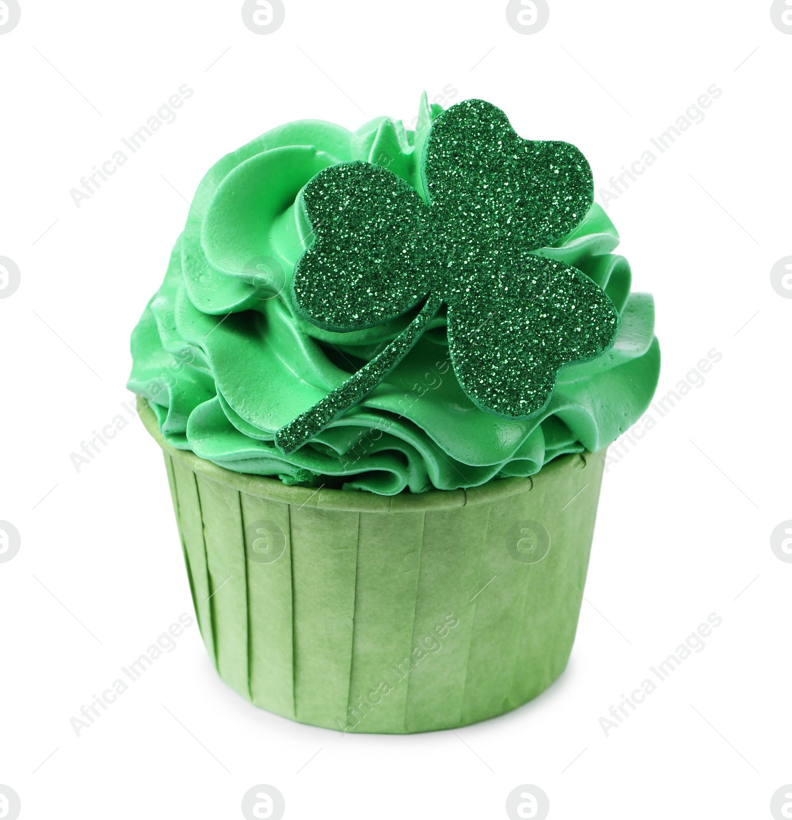 Photo of St. Patrick's day party. Tasty cupcake with green clover leaf topper and cream isolated on white