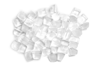 Pile of ice cubes on white background, top view