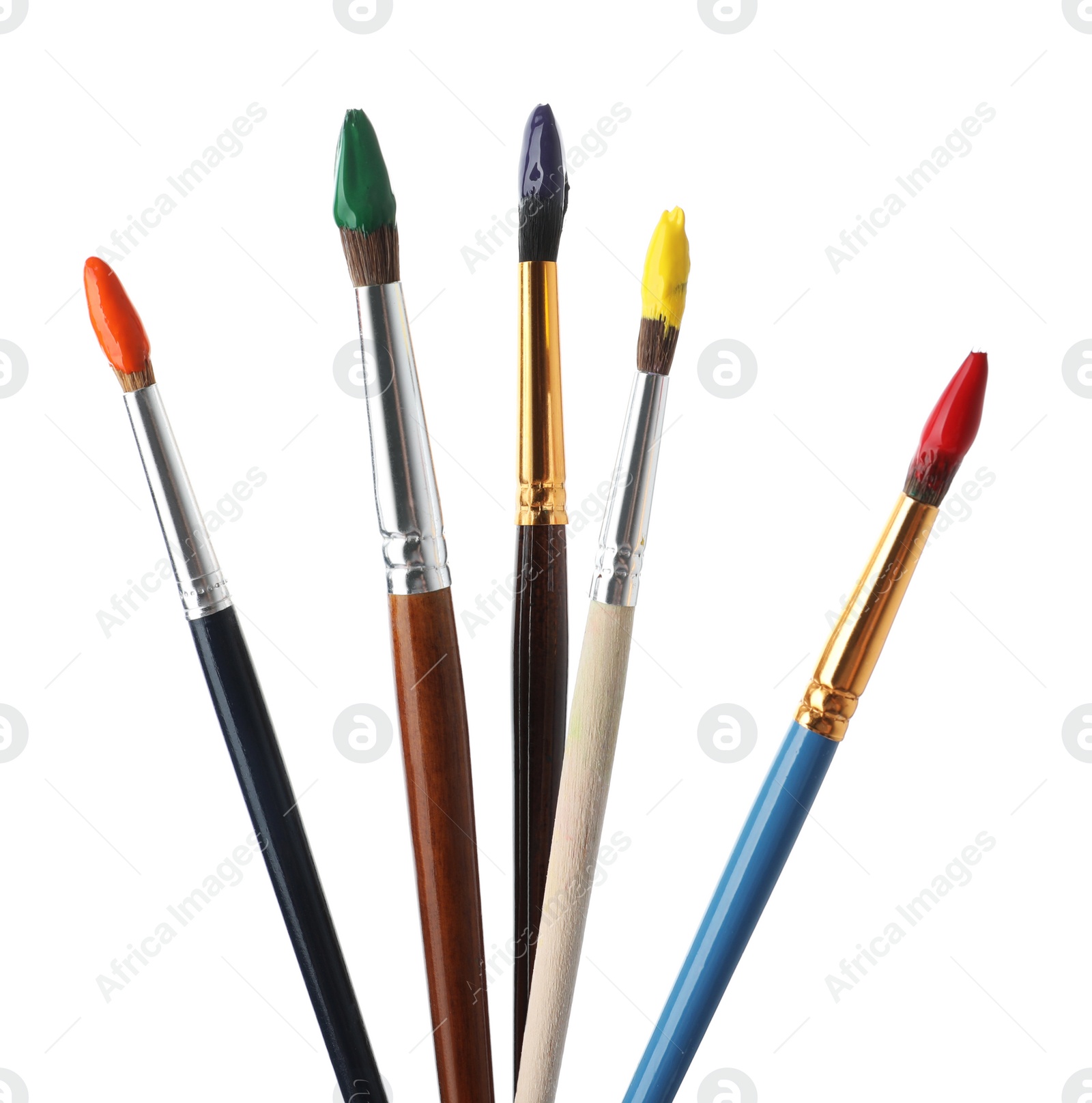 Photo of Different brushes with paints on white background