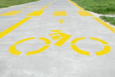 Photo of Bike lane with painted yellow bicycle sign and arrow near pedestrian crossing, closeup