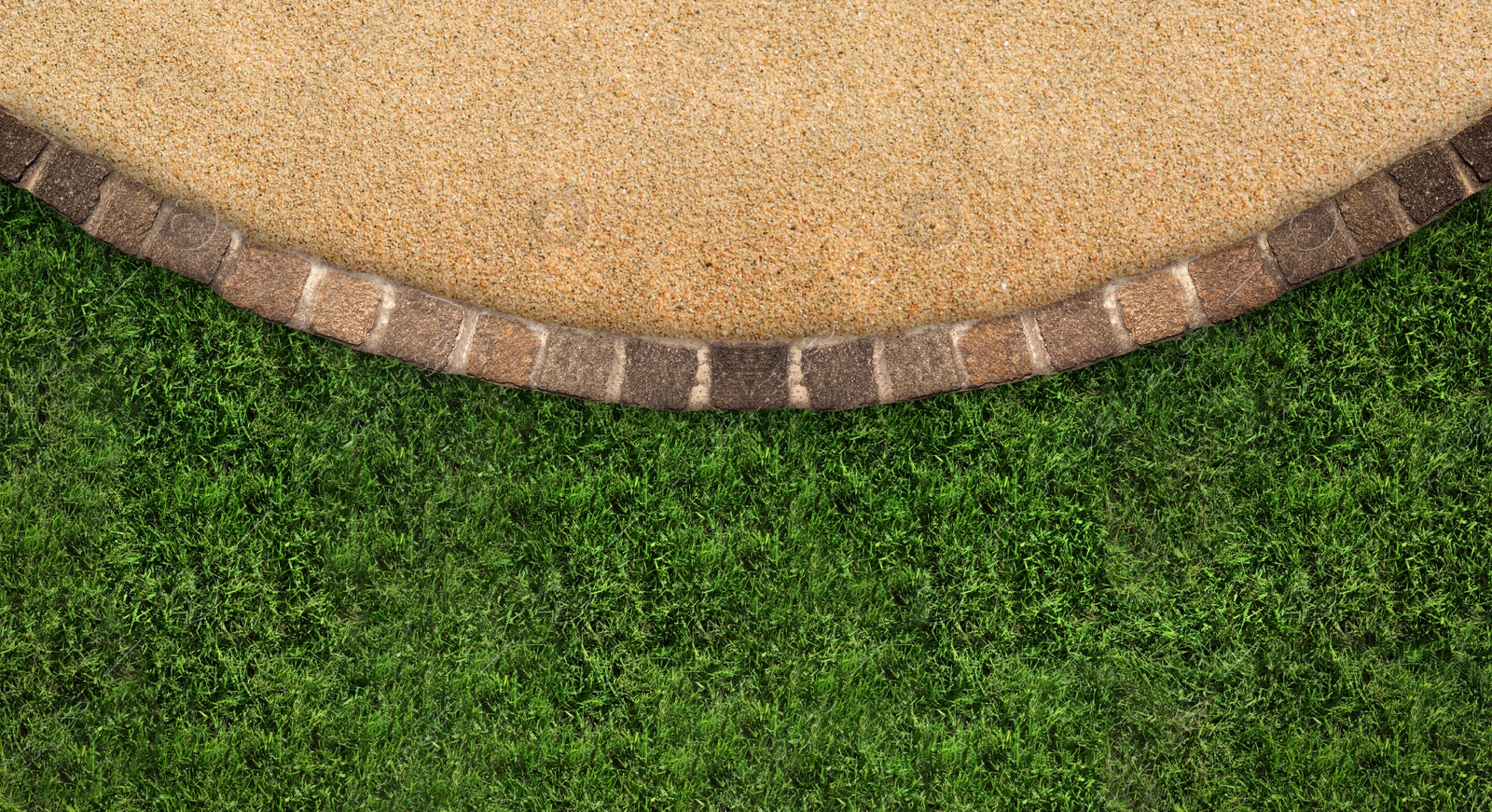 Image of Fresh green grass, stone tiles and sand outdoors, top view. Banner design