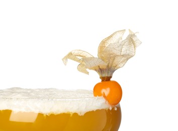 Refreshing cocktail decorated with physalis fruit on white background, closeup