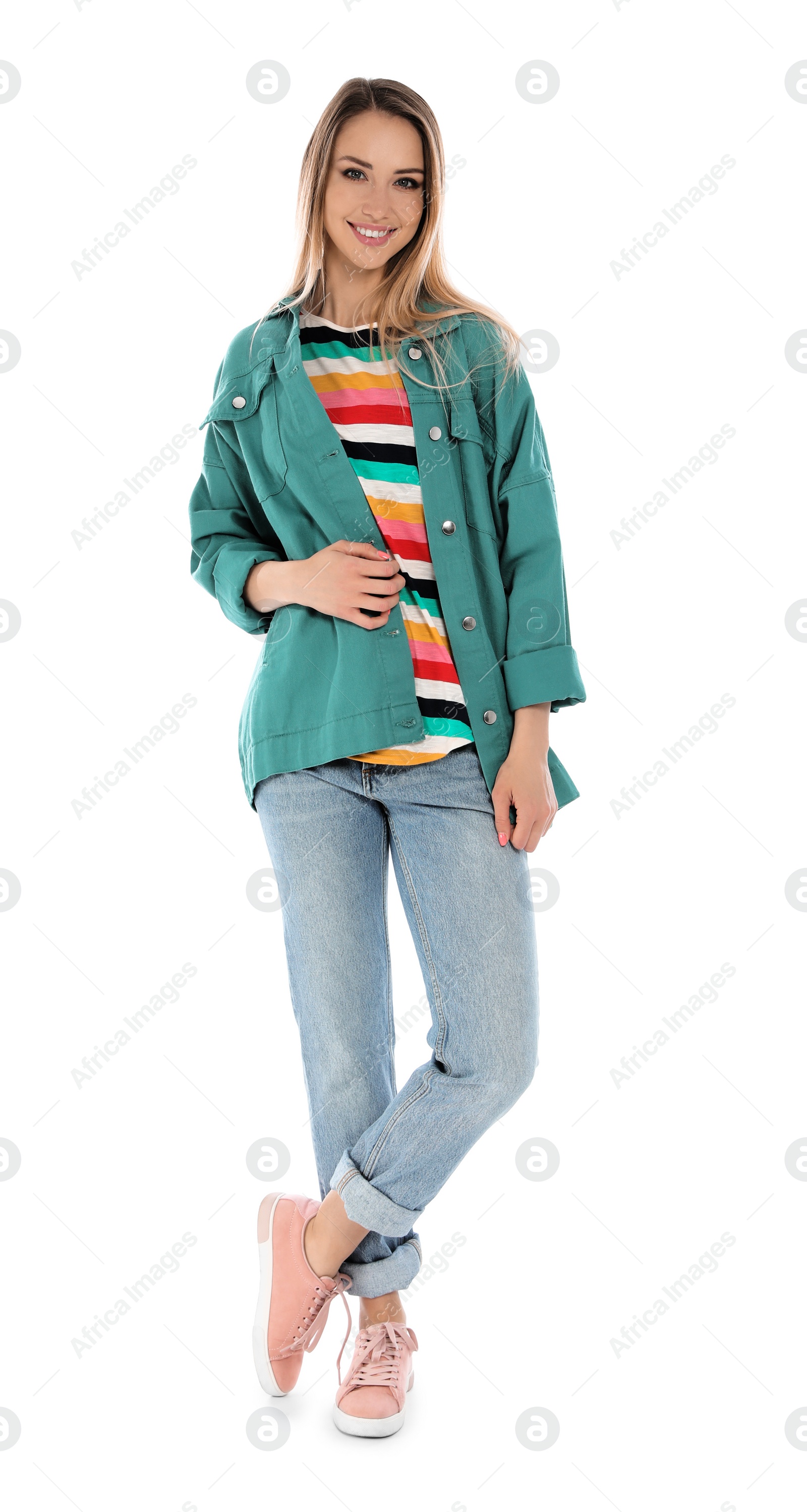 Photo of Full length portrait of happy young woman on white background