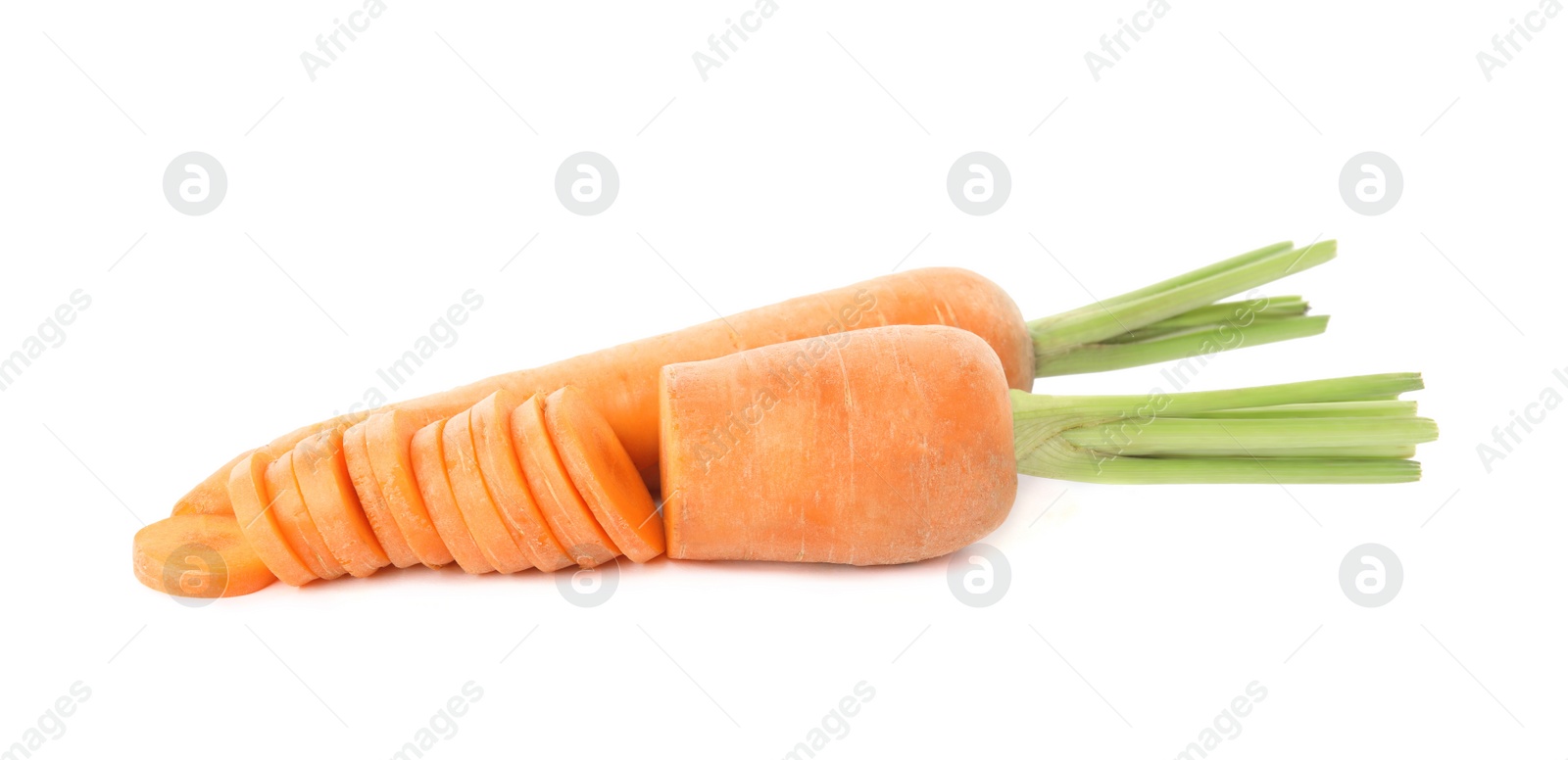 Photo of Whole and cut ripe carrots isolated on white