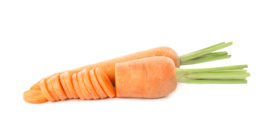 Photo of Whole and cut ripe carrots isolated on white