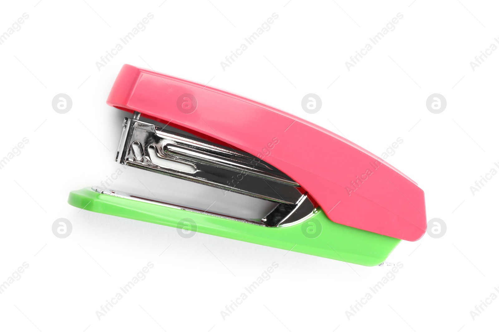 Photo of One bright stapler isolated on white, top view
