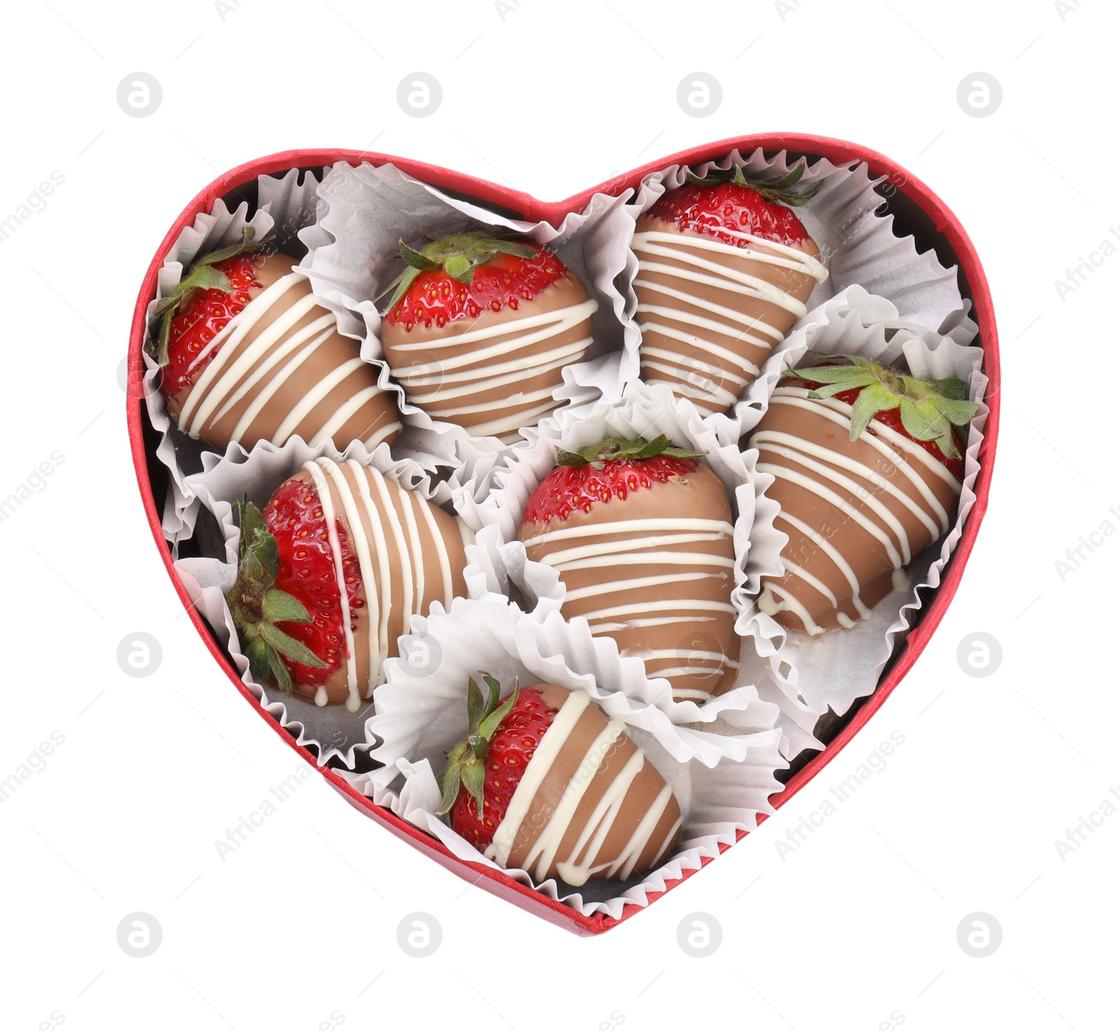 Photo of Heart shaped box with delicious chocolate covered strawberries isolated on white, top view