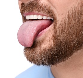 Man showing his tongue on white background, closeup