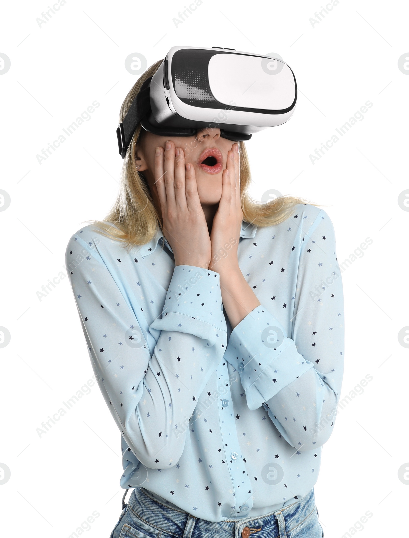 Photo of Young woman using virtual reality headset on white background